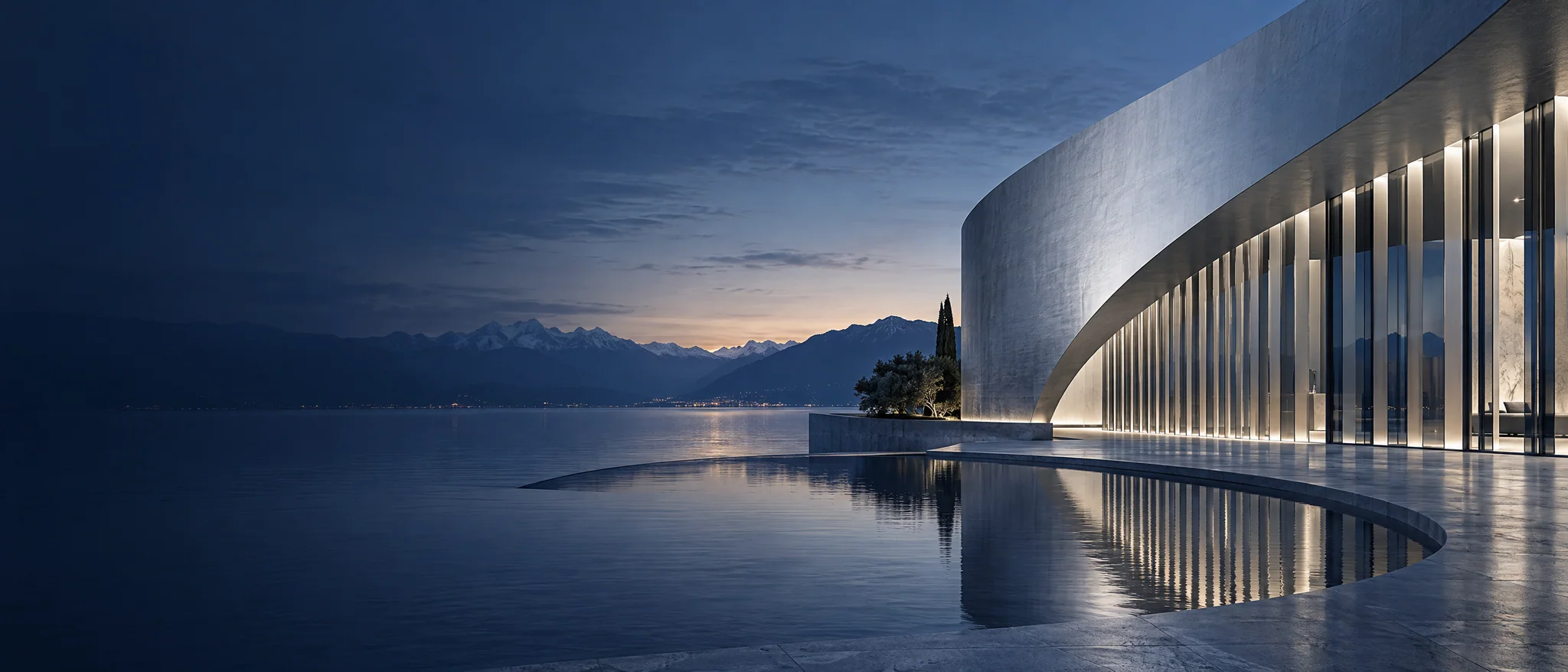 Sculptural pavilion beside an Alpine lake